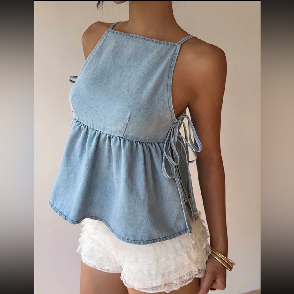 SHEIN Light Blue Denim Halter Peplum Tie-Side Camisole
